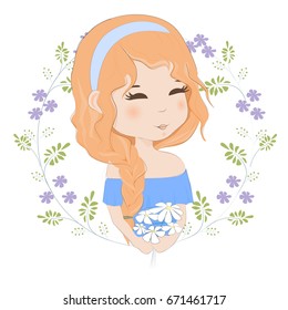 Pretty red-haired girl with a bouquet of flowers vector illustration. Portrait of beautiful woman with spit holds a bouquet of chamomiles.