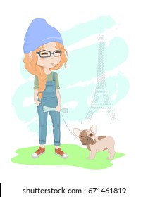 Pretty red-haired girl with a french bulldog in Paris vector illustration. Beautiful woman  walking near Eiffel tower with dog.