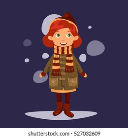 Pretty Red-haired Girl In A Warm Coat And Striped Scarf Is Enjoying The Falling Snow. Vector Cartoon Illustration