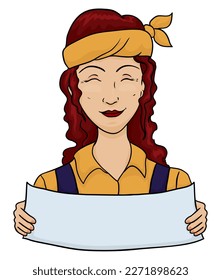 Pretty red-haired worker woman with bandana, dressed in overalls and holding a long blank paper. Template in cartoon style.