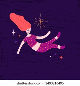 Pretty redhead girl floating in space. Cute hand-drawn illustration with sleeping woman in pajamas and stars. Cartoon design. Vector.