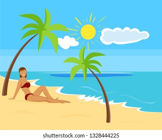 pretty redhead girl sit on a summer sandy sea beach under a palm tree, vector illustration