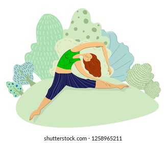 A pretty redhead girl or woman practices yoga asanas, does stretching in the park, outdoors, sports exercises, a healthy lifestyle. Vector flat illustration.
