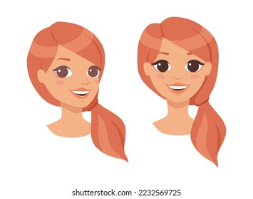 Pretty Redhead Woman Character Face with Ponytail with Different Emotion Vector Set