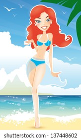 pretty redhead woman on the summer beach