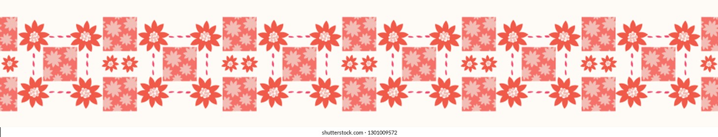 Pretty repeat floral seamless border in coral and peach. Hand drawn and modern with a nod to mid century style. Great for textile edging, ribbon and decorative tape design, headbands, banners. Vector.