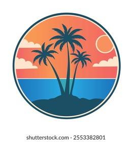 pretty retro beach with palm and sunset vector