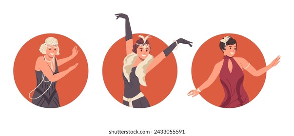 Pretty retro woman cartoon character dancers joyfully moving isolated round composition set