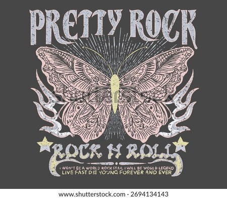 Pretty rock design. Butterfly with rose flower graphic artwork. Music poster. Pretty rock club. Rock and roll tour t shirt print design. Rockstar vector artwork.