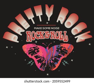 Pretty rock graphic print design for t shirt and other. Hand paint butterfly artwork for fashion, poster, sticker etc.