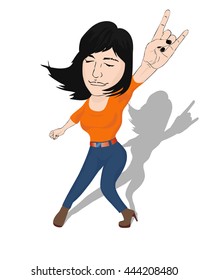 Pretty  rocker girl doing rock sign on white background. Vector illustration. 