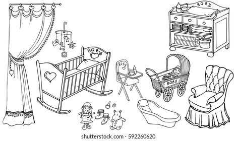 Pretty room for the kid outline set of baby, doodle vector set in  black lines on a white background