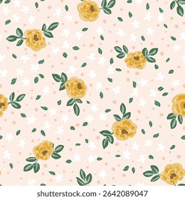 Pretty roses and small wildflowers with leaves scattered, forming a floral botanical pattern in colors of yellow, green and white on off pink background. Seamless vector pattern. Great for home decor.