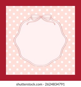 Pretty round frame from ribbon with bow and space for text. Vintage ribbon frame on red square background. Pink card for invitation or holiday