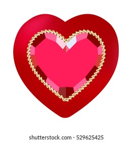 Pretty ruby heart on velvet back. Vector illustration.