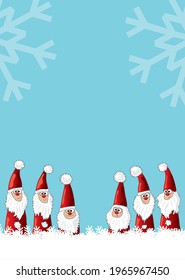 pretty santa claus team in a snowscape and blue frosty sky with copy space