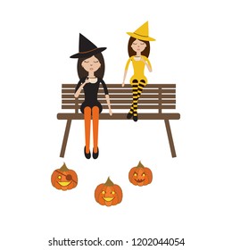 Pretty scenery in a rustic style. Beautiful girls on a cute bench. Pumpkins on the Helloween.Vector illustration