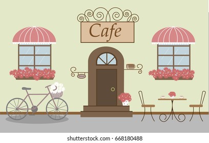 Pretty scenery in a rustic style. A cafe, two windows with a striped awnings, door, stairs, red flowers. A bike and basket of daisies. A cute table and chairs. Vector illustration 