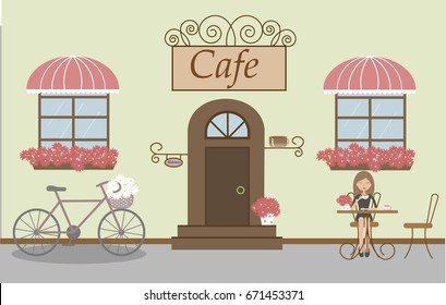 Pretty scenery in a rustic style. A cafe, beautiful girl, two windows with a striped awnings, door, stairs, red flowers. A bike and basket of daisies. A cute table and chairs. Vector illustration 