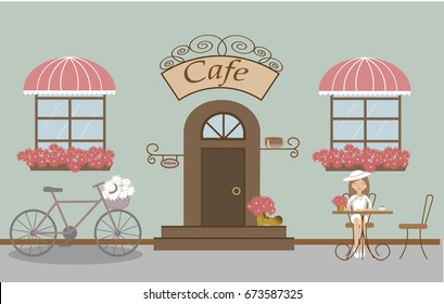 Pretty scenery in a rustic style. A cafe, beautiful girl, two windows with a striped awnings, door, stairs, red flowers. A bike and basket of daisies. A cute table and chairs. Vector illustration 