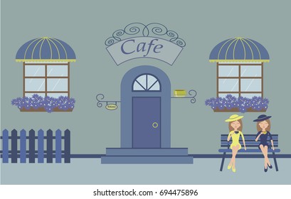 Pretty scenery in a rustic style. A cafe, beautiful girls, cups of coffee, two windows with a striped awnings, door, stairs, flowers.A cute bench. A fence. Vector illustration 