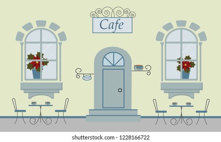 Pretty scenery in a rustic style. A facade of cafe, two windows, door, stairs, red flowers. The cute tables with cups of cofee or tea and chairs. Vector illustration