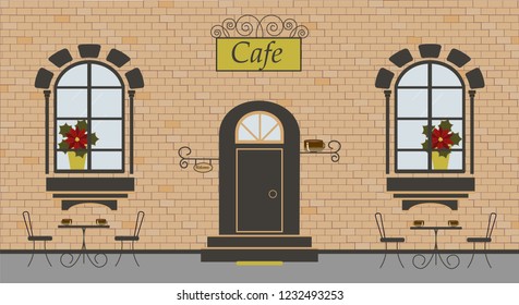 Pretty scenery in a rustic style. A facade of cafe, brick wall, two windows, door, stairs, red flowers. The cute tables with cups of coffee or tea and chairs. Vector illustration