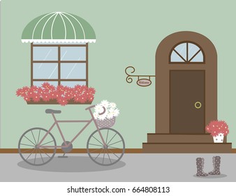 Pretty scenery in a rustic style. House, window with a striped awning, door, stairs, red flowers. Bike and basket of daisies. Rain boots with polka dots. Vector illustration  