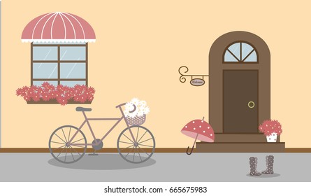 Pretty scenery in a rustic style. A house, window with a striped awning, door, stairs, red flowers. A bike and basket of daisies. Rain boots with polka dots. A cute umbrella. Vector illustration