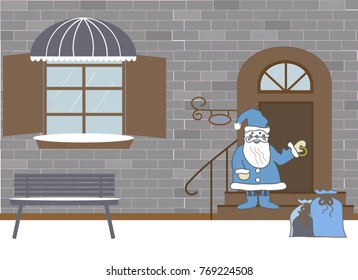 Pretty scenery in a rustic style. House, window with a striped awning, door, stairs. Decorative brick wall. Santa Claus with color