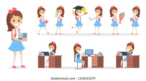 Pretty school kid female character set for animation with various views, hairstyles, emotions, poses and gestures. School equipment set. Isolated vector illustration