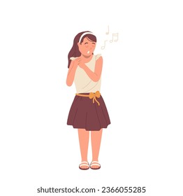 Pretty schoolgirl singing song, attractive young female vocalist performing with music track