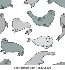 Pretty Seals seamless pattern. Vector marine background. 