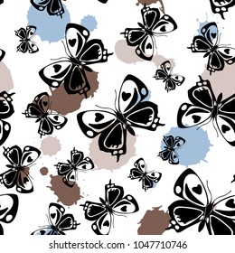 Pretty seamless butterfly cloth background with brown, grey and blue blotters on white. Wildlife butterfly linen theme vector. Repeating insect fabric clipart for garments.