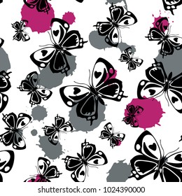 Pretty seamless butterfly cloth pattern with purple and grey blotter on white. Season butterfly linen theme vector. Repeating insect fabric backdrop for clothing fabric.