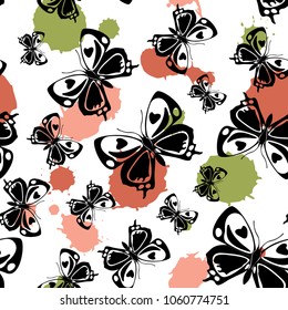 Pretty seamless butterfly cloth pattern with green and orange blotter on white. Wildlife butterfly linen theme vector. Repeating insect fabric clipart for wrapping paper.