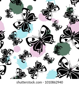 Pretty seamless butterfly cloth template with cyan, purple and green blotter on white. Flying butterfly linen theme vector. Repeating insect fabric artwork for clothing fabric.