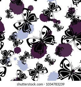 Pretty seamless butterfly cloth texture with light grey and dark purple blotters on white. Wildlife butterfly linen theme vector. Repeating insect fabric artwork for clothing fabric.