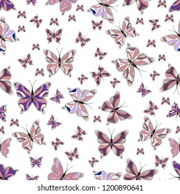 Pretty seamless butterfly cloth texture with blotter on white, pink and black. Repeating insect fabric artwork for wallpaper. Spring butterfly cute theme. Vector illustration.