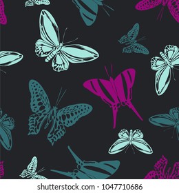 Pretty seamless butterfly engraving background isolated on contrast back layer. Wildlife butterfly etching theme vector. Insect silhouette backdrop for wallpaper.