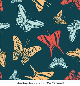 Pretty seamless butterfly engraving background isolated on contrast back layer. Wildlife butterfly etching theme vector. Insect silhouette artwork for wrapping paper.