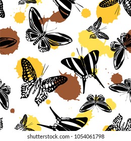 Pretty seamless butterfly kite background with yellow, brown and orange blotters on white. Wildlife butterfly hover theme vector. Repeating insect soar backdrop for wallpaper.