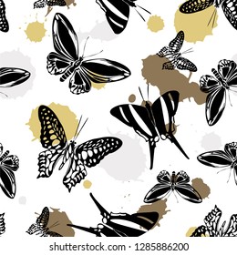 Pretty seamless butterfly kite background with blotter on white.  Season butterfly hover theme vector. Repeating insect soar artwork for wallpaper.