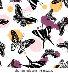 Pretty seamless butterfly kite background with blotter on white.  Nature butterfly hover theme vector. Repeating insect soar backdrop for cover.