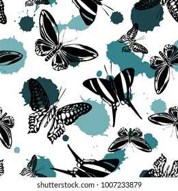Pretty seamless butterfly kite pattern with blue metallic blotter on white.  Season butterfly hover theme vector. Repeating insect soar backdrop for cover.