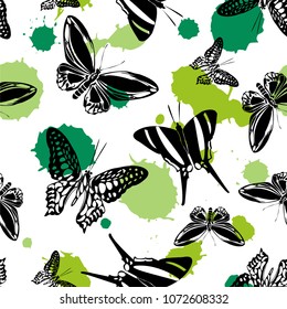 Pretty seamless butterfly kite pattern with green and jade blotters on white. Season butterfly hover theme vector. Repeating insect soar backdrop for cover.
