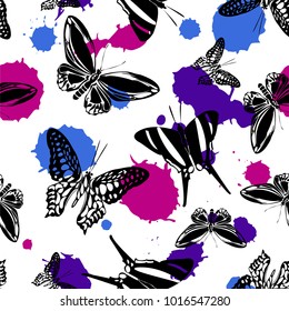Pretty seamless butterfly kite template with violet, magenta and blue blotter on white.  Wildlife butterfly hover theme vector. Repeating insect soar artwork for interior.