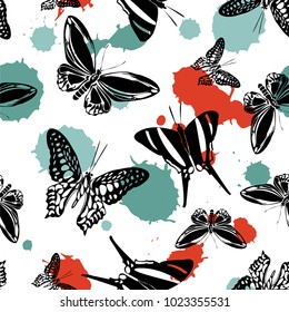 Pretty seamless butterfly kite template with green and carrot red blotters on white. Season butterfly hover theme vector. Repeating insect soar artwork for interior.