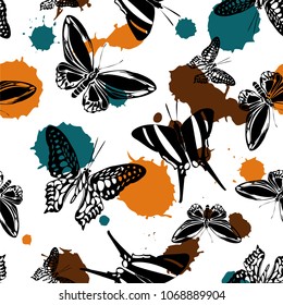 Pretty seamless butterfly kite template with blotter on white.  Wildlife butterfly hover theme vector. Repeating insect soar backdrop for wrapping paper.