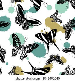 Pretty seamless butterfly kite texture with pale green and khaki green blotters on white. Wildlife butterfly hover theme vector. Repeating insect soar artwork for ceramic tile.